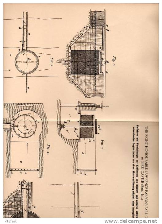 Original Patentschrift - Parsons Earl Of Rosse In Birr Castle , Irland , 1901 , Beseitigung Von Blättern Aus Wasser !!! - Offaly