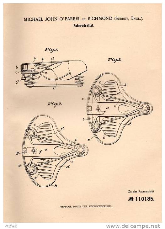 Original Patentschrift - M. John O´ Farrel In Richmond , 1899 , Sattel Für Fahrrad , Bicycle !!! - Historische Dokumente