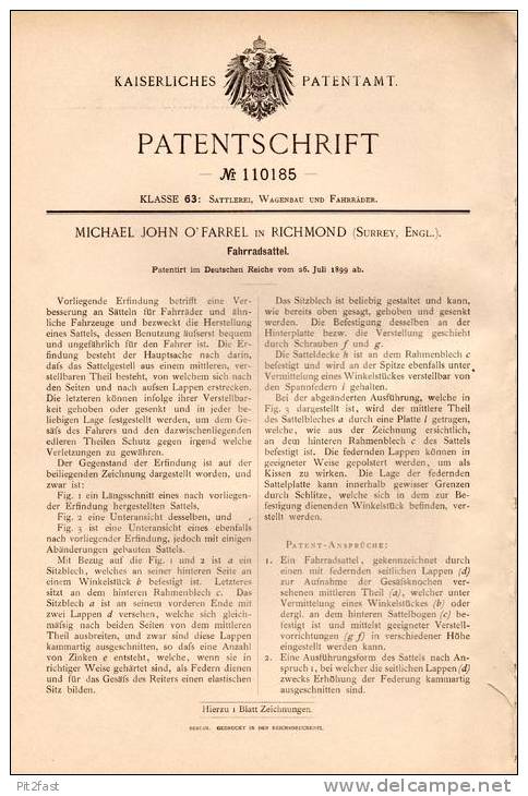 Original Patentschrift - M. John O´ Farrel In Richmond , 1899 , Sattel Für Fahrrad , Bicycle !!! - Historische Dokumente