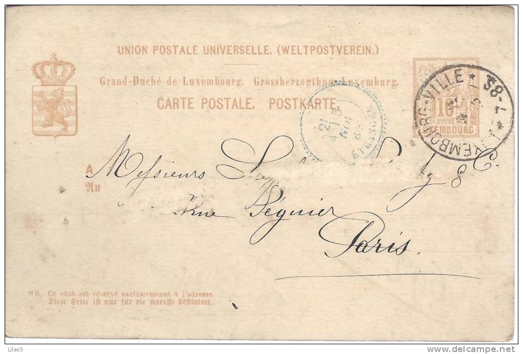 Carte Postale Luxembourg Du 4/5/1883 Pour Paris. Cachet Paris étranger. Destinataire Gommé - Ganzsachen