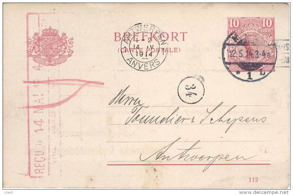 Entier Postal Suédois Oblitéré Du 12/5/1914 Pour La Belgique (Anvers) - Entiers Postaux