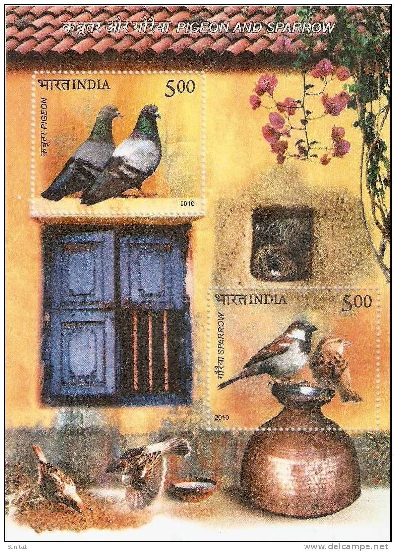 Pigeon,dove,sparrow,bird,   Couple,earthpot,claypot,n   Est,window,house,flowers,   Miniature  Sheet, India - Neufs