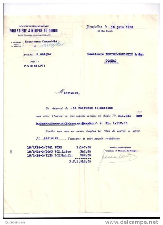 Entête  15/06/1928  -  BRUXELLES  -  Société  Forestière  &  Minière  Du  CONGO - 1900 – 1949