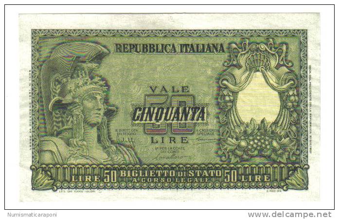 50 LIRE ITALIA ELMATA 31 12 1951  Q.FDS NATURALE LOTTO 1396 - 50 Lire