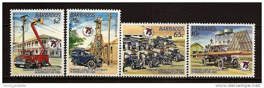 Barbade Barbados 1986 N° 673 / 6 ** Electrification, Voitures Anciennes, Camions, Echafaudage, Cabine élévatrice - Barbados (1966-...)