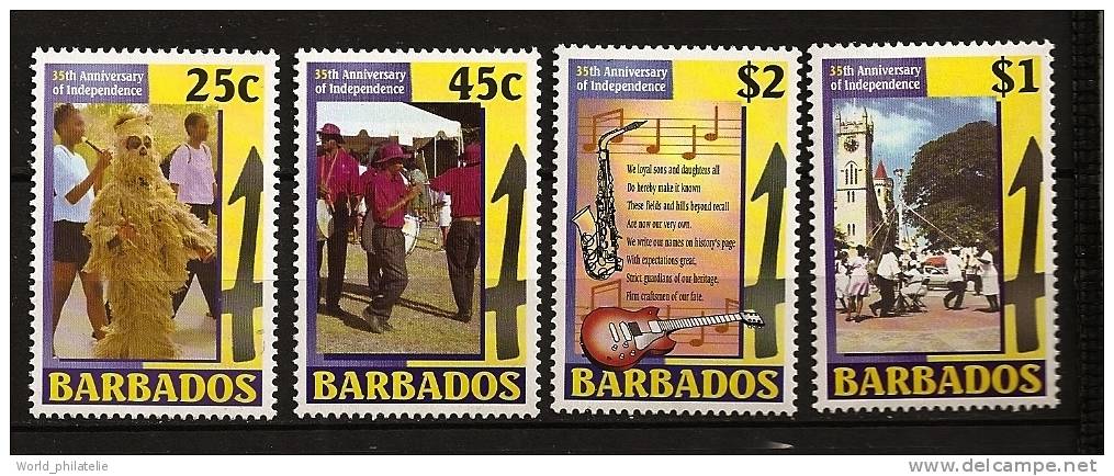 Barbade Barbados 2001 N° 1060 / 3 ** Indépendance, Déguisement, Musique, Tambours, Jeux, Guitare, Saxophone, Partition - Barbades (1966-...)
