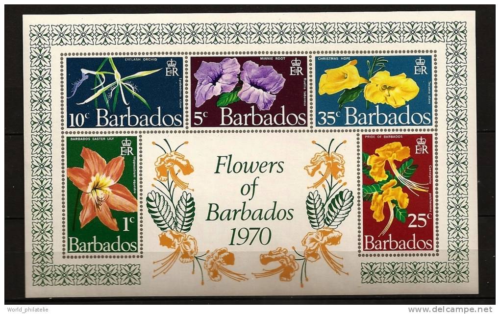 Barbade Barbados 1970 N° BF 3 ** Fleurs, Hippeastrum équestre, Ruellia Tuberosa, Epidendrum, Caesalpinia, Tecoma Stans - Barbados (1966-...)