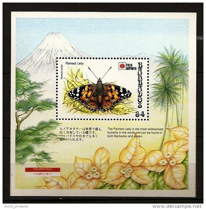 Barbade Barbados 1991 N° BF 29 ** Phila Nippon, Tokyo, Papillon, Arbres, Montagne, Fleurs, Vanessa Cardui, Japon - Barbades (1966-...)