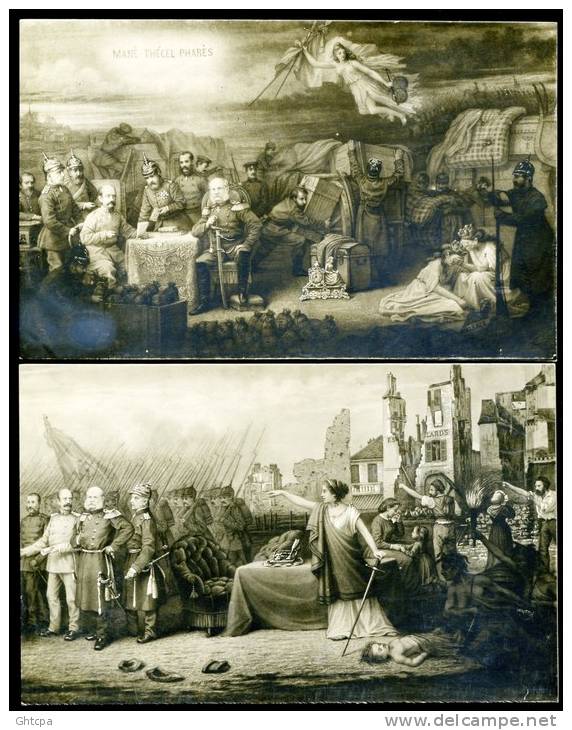 Lot De 2 Cartes/photos. Guerre 1870. Clichés De Tableaux : La Curée Allemande  // La Paix Signée, ... Vengeance! - Patriotiques