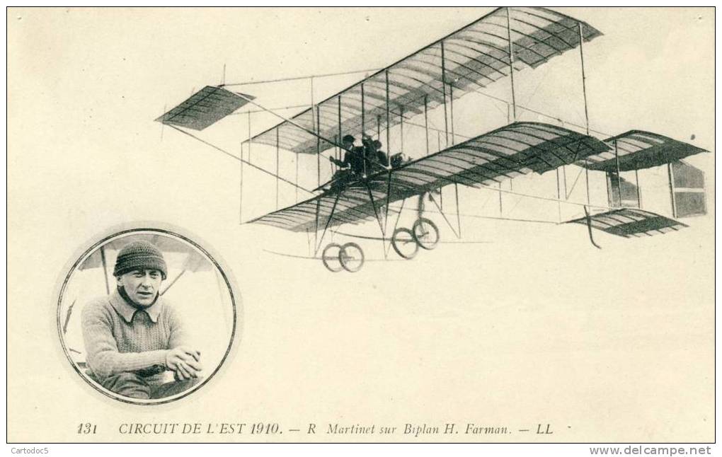 Circuit De L'Est 1910  R.Martinet Sur Biplan H.Farman   Cpa - Meetings