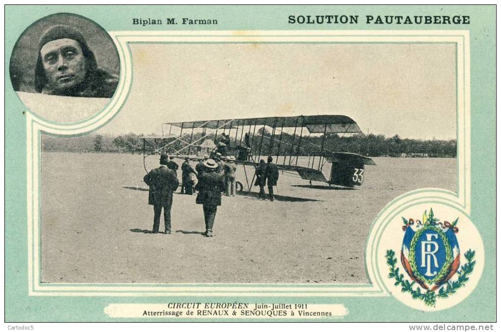 Circuit Européen Juin-Juillet 1911 Atterrissage De Renaux Et Senouques à Vincennes Biplan M.Farman  Cpa Dos Scané - Reuniones