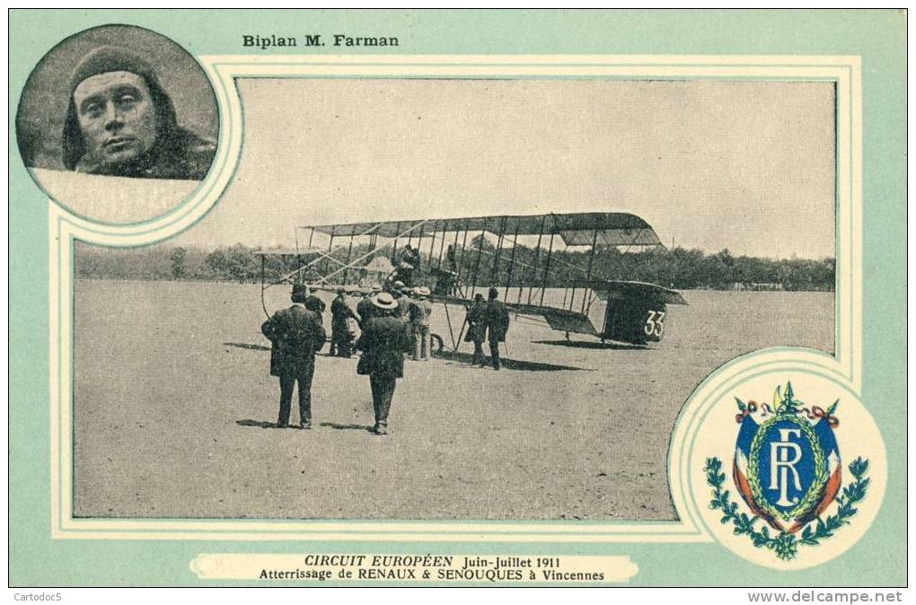 Circuit Européen Juin-Juillet 1911 Atterrissage De Renaux Et Senouques à Vincennes Biplan M.Farman  Cpa - Reuniones