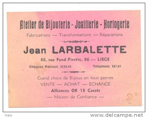 LIEGE - Carte De Visite Atelier De Bijouterie Jean LARBALETTE  - Horlogerie - Visitekaartjes