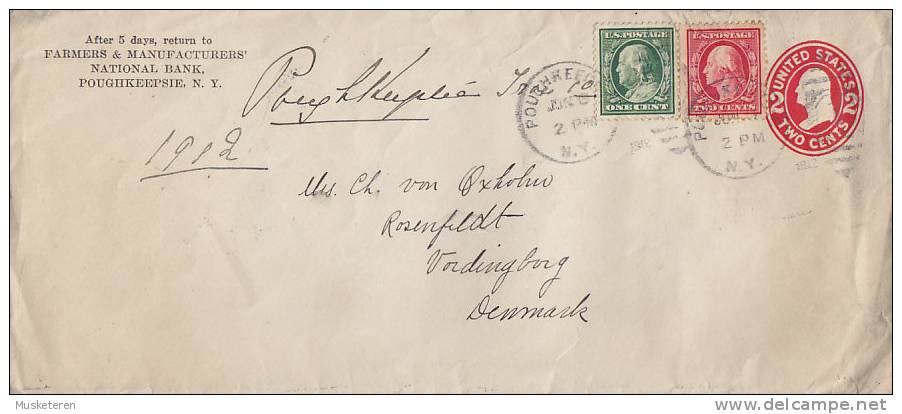 United States Uprated Postal Stationery Ganzsache NATIONAL BANK POUGHKEEPSIE 1912 To VORDINGBORG Denmark (2 Scans) - 1901-20