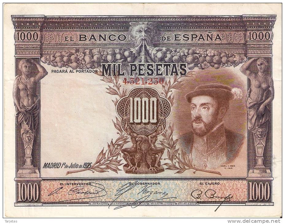 BILLETE DE ESPAÑA DE 1000 PTAS DEL AÑO 1925 DE CARLOS I CALIDAD MBC  SIN SERIE - 1000 Peseten
