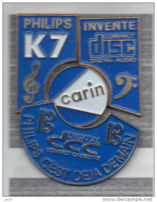 Pin's  Puzzle, Marque, Musique, PHILIPS  Invente  K 7  Compact  Disc, CARIN - Musique