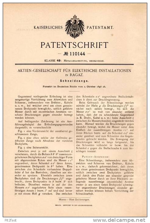 Original Patentschrift - Elektr. Installationen AG In Ragaz , 1898 , Schneidzange Für Draht Und Kabel !!! - Outils Anciens