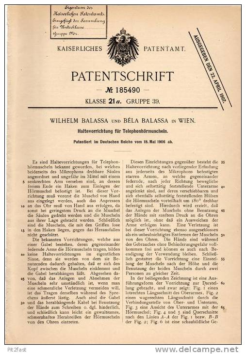 Original Patentschrift - W. Balassa In Wien , 1906 , Halteapparat Für Telephon - Hörmuscheln !!! - Telefontechnik