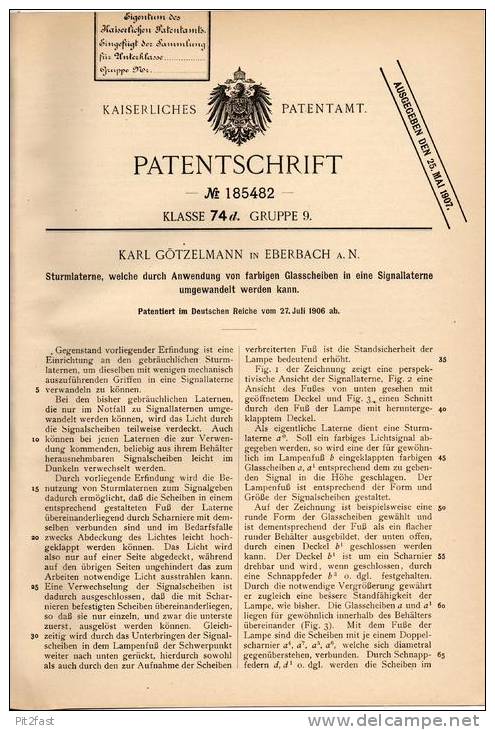 Original Patentschrift - K. Götzelmann In Eberbach A.N., 1906 , Sturmlaterne , Signallaterne , Laterne , SOS !!! - Leuchten & Kronleuchter