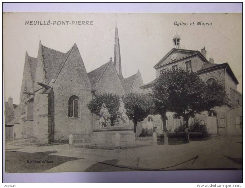 Cpa Neuille Pont Pierre église Et Mairie - JEP1 - Neuillé-Pont-Pierre