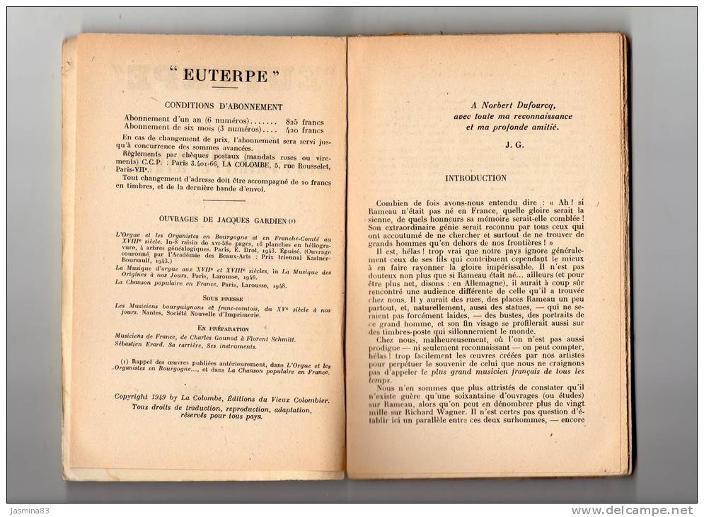 "Euterpe" Jean-Philippe Rameau Par Jacques Gardien   La Colombe Janvier 1949 - Musique