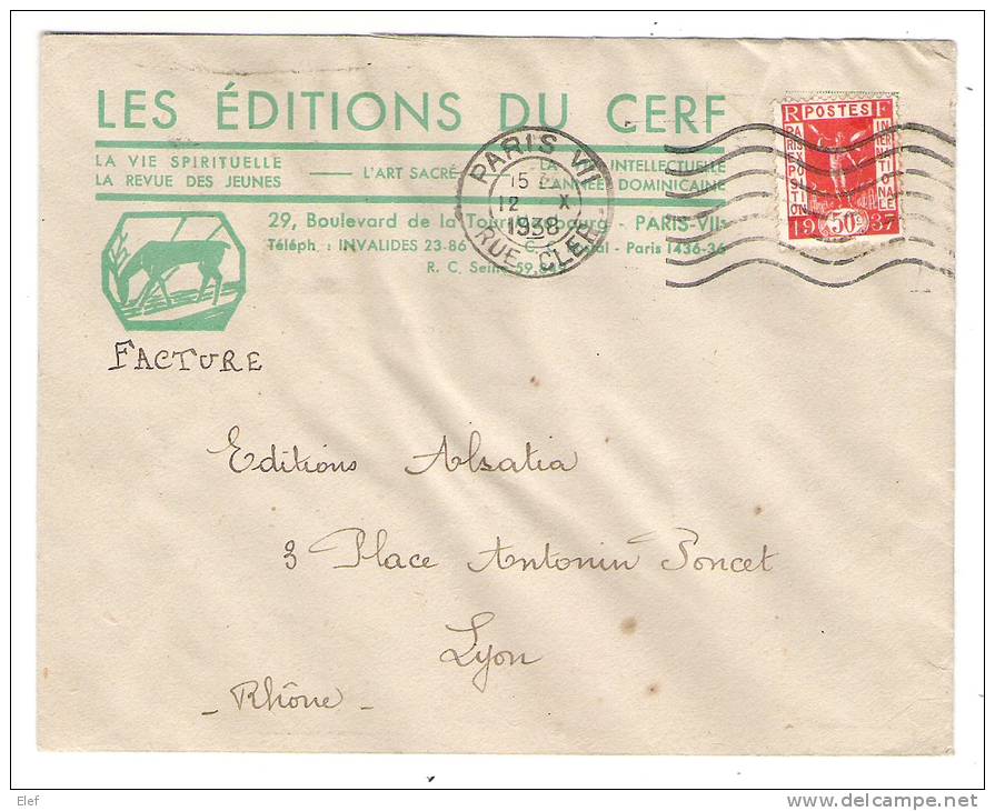 Lettre Illustrée Des EDITIONS Du CERF,obl De Paris Rue Cler, Yvert N° 325, Exposition Internationale 1937 >Lyon, 1938,TB - Sonstige & Ohne Zuordnung