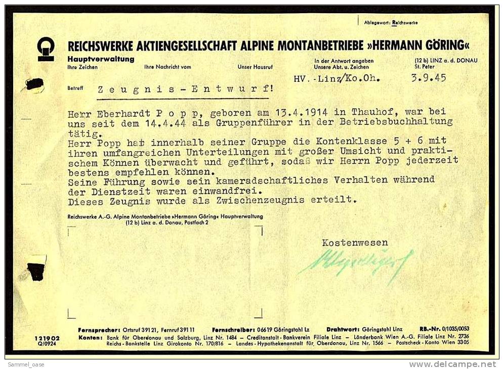 1945 Zwischenzeugnis Von Reichswerke Aktiengesellschaft Alpine Montanbetriebe "Hermann Göring" - Diplômes & Bulletins Scolaires