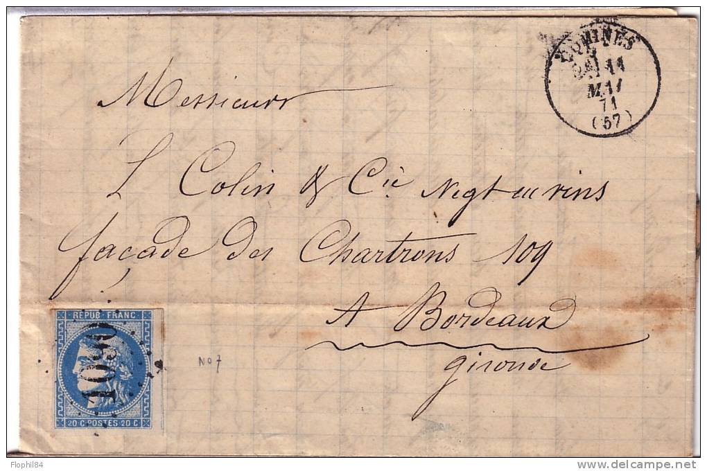 NORD-COMINES T16 DU 11-5-1871 - N°46 CERES DE BORDEAUX OBLITERATION GC1090-LETTRE AVEC TEXTE. - 1859-1959 Covers & Documents