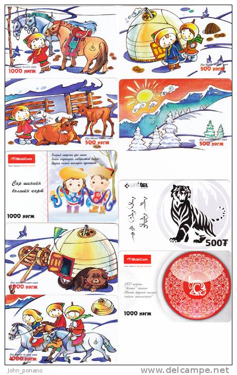 [Y] 9 Télécartes Prépayées Mongolie Mongolia Prepaid Phoncards Tigre Tiger Year Of The Rabbit Année Du Lapin - Mongolia