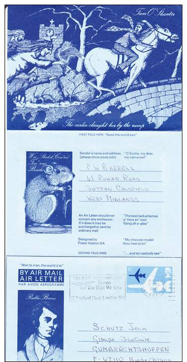 Aéorogramme 6p  Illustré Rabbie Burns The RAF Benevolent Fund Repays The Debt We Owe 67 Portland Place London WI 1975 - Stamped Stationery, Airletters & Aerogrammes