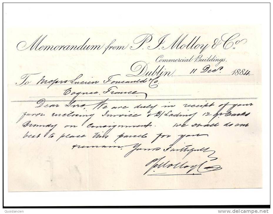 Entête  11/12/1884  -  DUBLIN  ( Irlande ) -  MEMORANDUM  -  P.J.  MOLLOY  Commercial  Buildings  -  En  Anglais - Verenigd-Koninkrijk