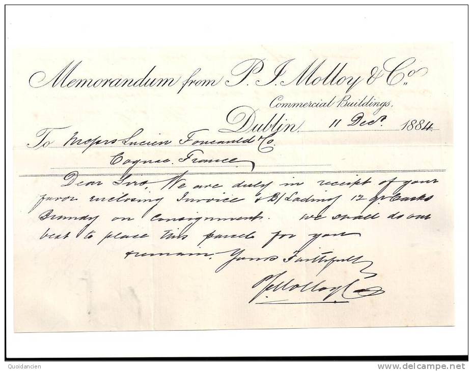 Entête  11/12/1884  -  DUBLIN  ( Irlande ) -  MEMORANDUM  -  P.J.  MOLLOY  Commercial  Buildings  -  En  Anglais - Royaume-Uni