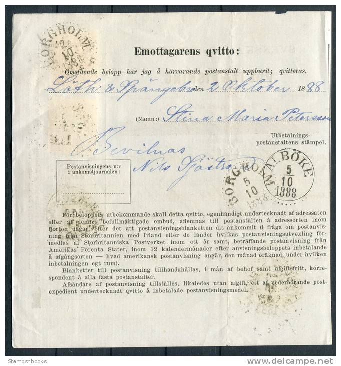 1888 Sweden 20ore + 5ore Ring Type Postanvising Form Goteborg Filial - Borgholm / Walboke - Briefe U. Dokumente