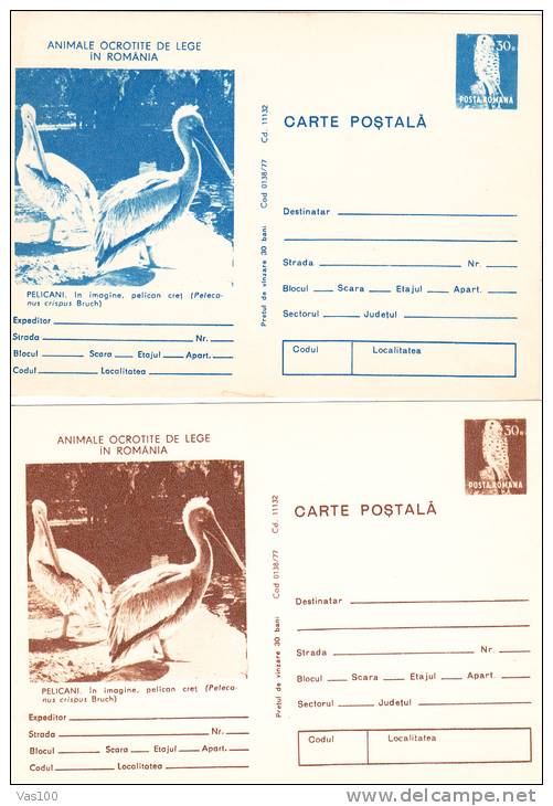 BIRD,PELICAN,OWL,2X POSTCARD,POSTAL STATIONARY,ENTIER POSTAUX,1977,ROMANIA - Pélicans