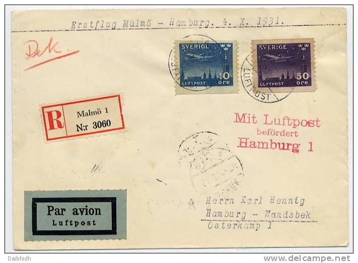 SWEDEN 1931 First Flight Cover Malmö - Hamburg 4.10.31 With Michel 213-14 - Covers & Documents