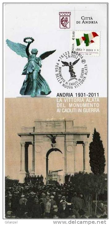 Italia 2011 Cancel Andria Monumento Ai Caduti Vittoria Alata Special Card - Monumenti