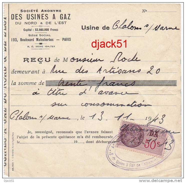 Reçu Des Usines à GAZ Du NORD & DE L'EST - 1943 (Avance Sur Consommation) - Elektriciteit En Gas