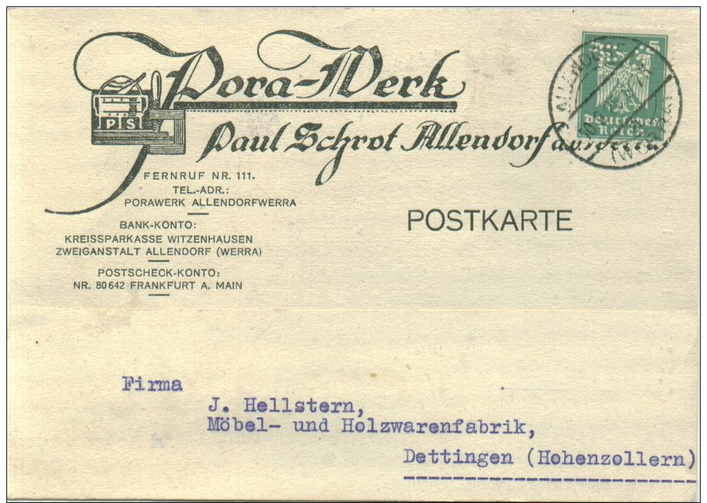 PERFIN FIRMENLOCHUNG 1926 PORA WERK PAUL SCHROT ALLENDORF A.d.WERRA - Briefe U. Dokumente