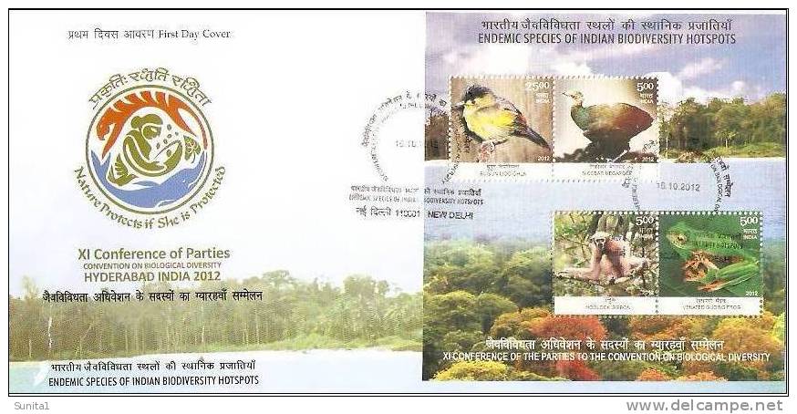 Monkey,frog,bird,biodiver Sity,venated Gliding Frog, Forest,river,miniature Sheet, India 2012 - Covers & Documents