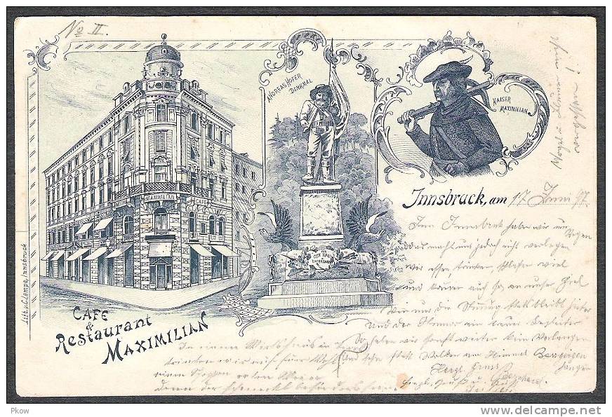 Café & Restaurant Maximilian, Innsbruck. Sehr Alte Lithokarte Aus 1897, Mit Verzierung, Nach Deutschland Gelaufen. - Sonstige & Ohne Zuordnung