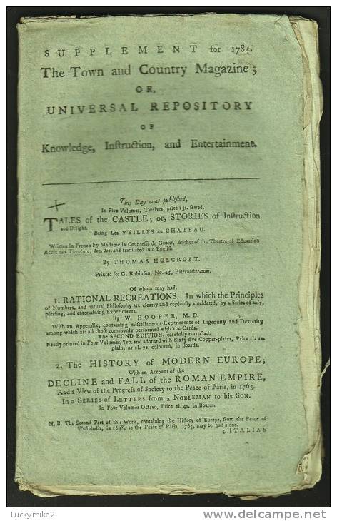 "The Town And Country Magazine Supplement For 1784".  Bill Of Mortality Interest,  Death Of Dr Samuel Johnson. - Literatuur