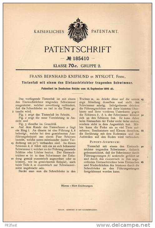 Original Patentschrift - F. Knifsund In Nyslott / Savonlinna , Finnland , 1906 , Tintenfaß Mit Schwimmer , Tinte !!! - Inkwells