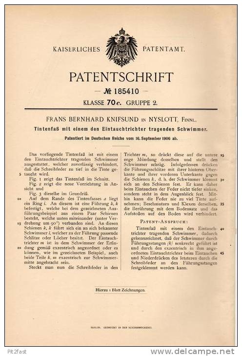 Original Patentschrift - F. Knifsund In Nyslott / Savonlinna , Finnland , 1906 , Tintenfaß Mit Schwimmer , Tinte !!! - Tintenfässer