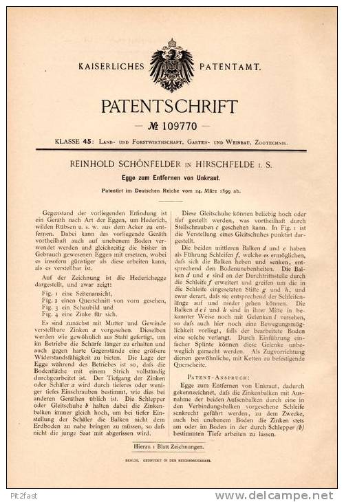 Original Patentschrift - R. Schönfelder In Hirschfelde I.S., 1899 , Egge Zum Unkraut - Entfernen , Landwirtschaft !!! - Historische Dokumente