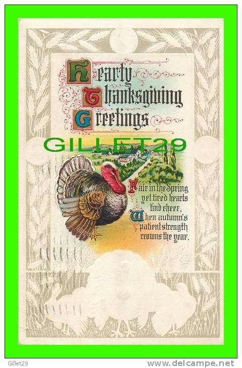 HEARLY THANKSGIVING  GREETINGS  - TURKEY - EMBOSSED - TRAVEL IN 1914  -  117 A - - Thanksgiving