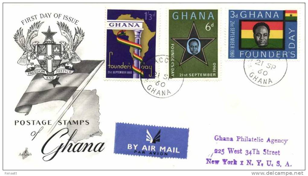 Ghana 1960 Mi. 88-90 FDC, Founder's Day, President Nkrumah, Map Of Africa, Star, Column - Ghana (1957-...)