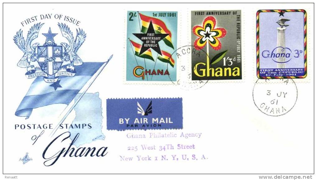 Ghana 1961 Mi. 100-102 Registered FDC, 1 Year Republic, Flag, Column - Ghana (1957-...)