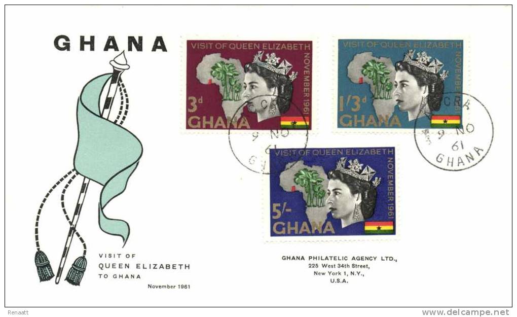 Ghana 1961 Mi. 109-111 Registered FDC, Visit Of Queen Elisabeth II To Ghana, Map Of Africa - Ghana (1957-...)