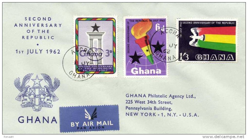 Ghana 1962 Mi. 127-129 FDC, 2 Year Republic, Column, Torch, Eagle - Ghana (1957-...)