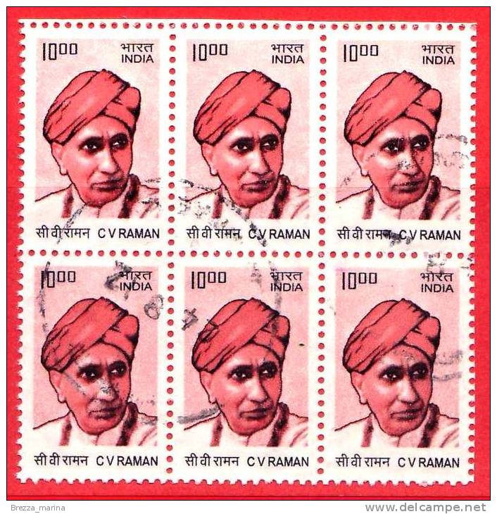 INDIA - USATO - 2009 - CV RAMAN - 10.00 (x 6) - Block - Gebruikt